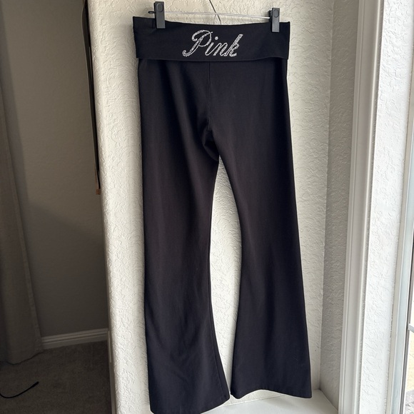 Y2K Victoria’s Secret PINK Rhinestone Black Fold-over Stretchy Flare Leggings L - Picture 2 of 8